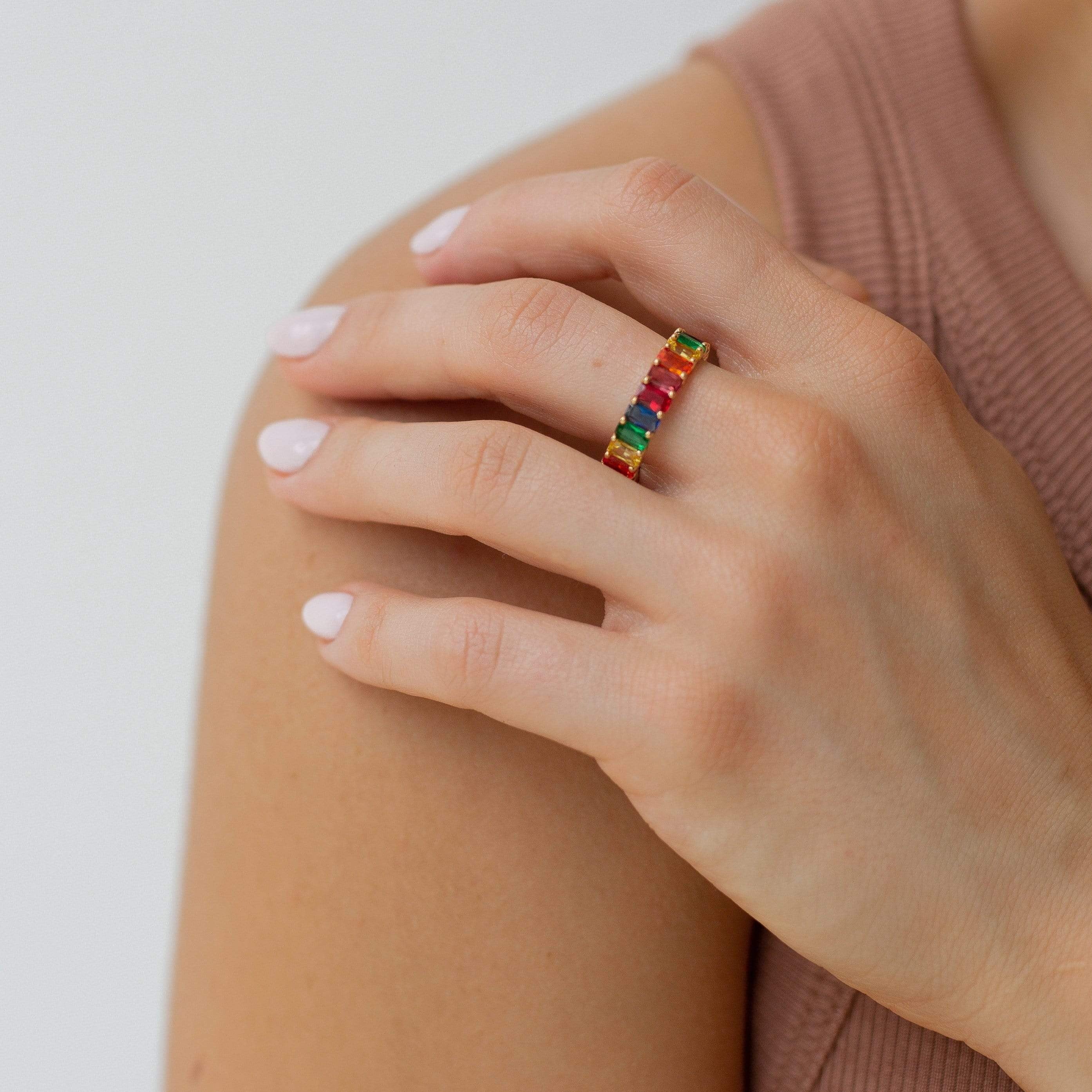 Rainbow Eternity Baguette Ring | Multicolor Baguette Ring