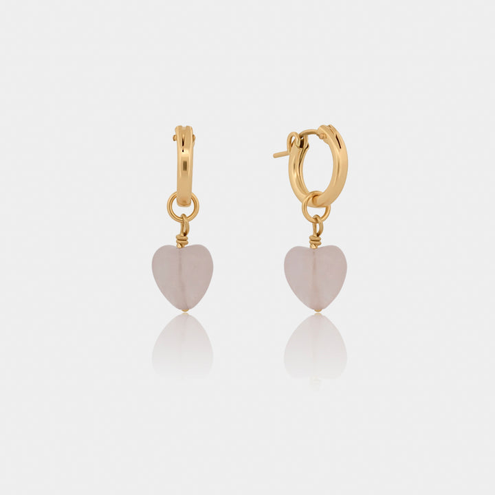 Rose Quartz Heart Drop Hoops let