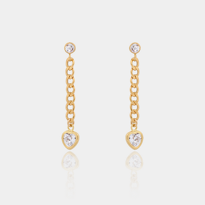Round Cubic Zirconia Stud Earring with Hanging Curb Chain and CZ Heart Drop Charm Earring