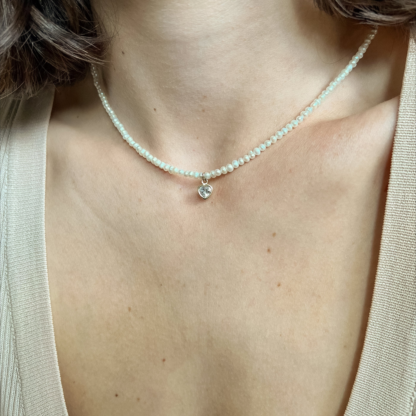 Mini Pearl CZ Heart Charm Necklace